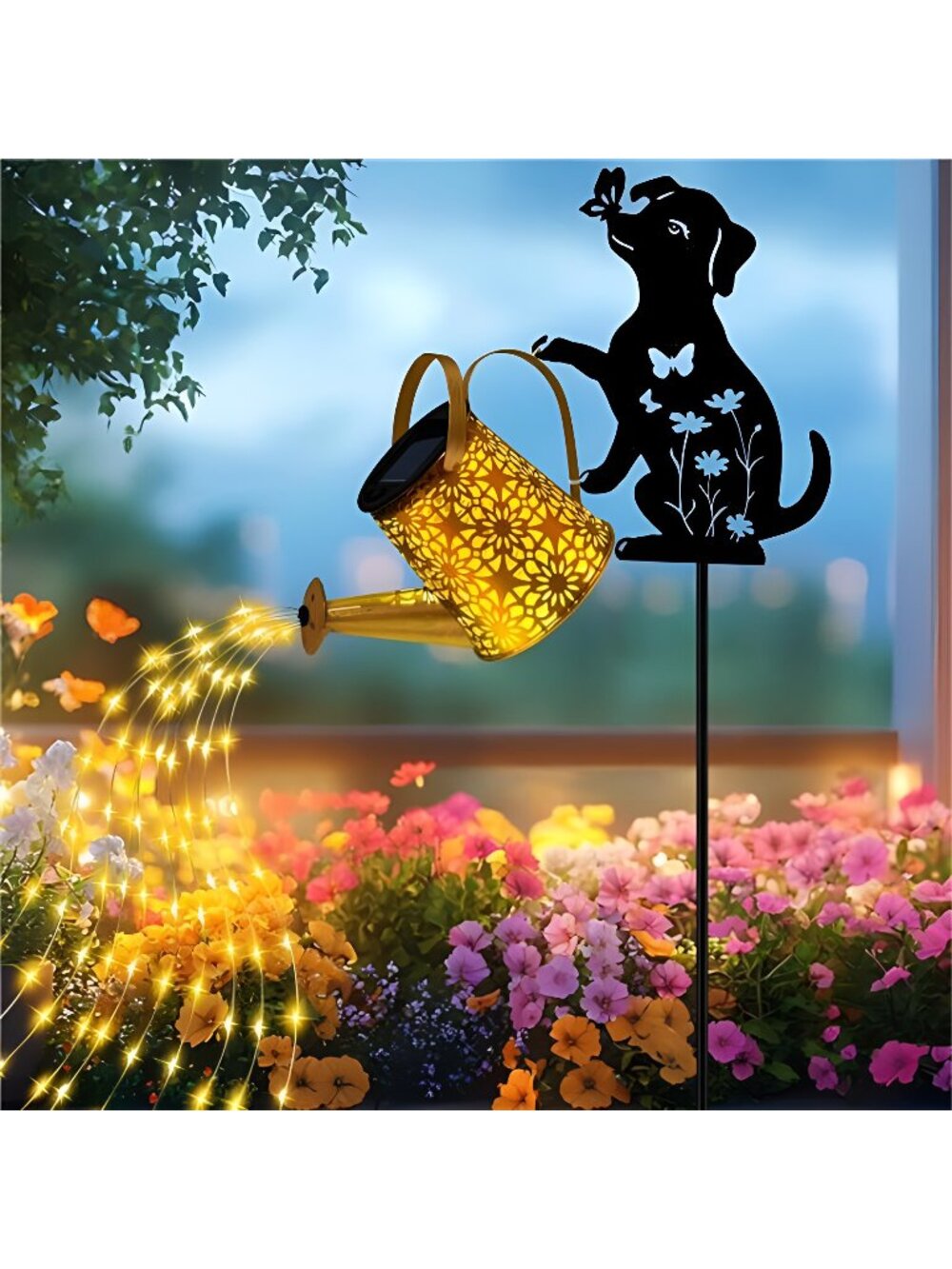 Solar Lights Outdoor Decorative, Watering Can with Cascading Lights, with Dog